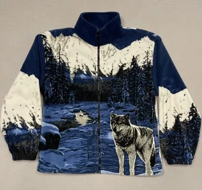 Vtg Wolf Mazmania Style Jacket Sz Medium Fleece Wolves Zip All Over Print AOP • $38.40