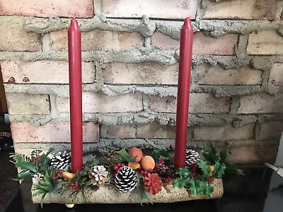 Vtg White Birch Log Christmas 2 Candle Holder Centerpiece Flocked Plastic 14” W • $22