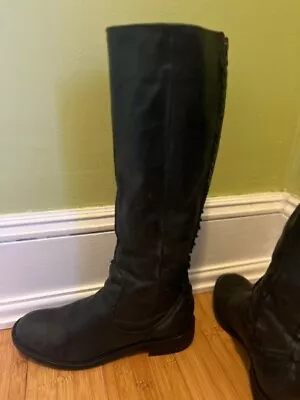 Anthropology Miss Albright Tall Boots Women's 6.5 Riding Black Leather W/ Ruffle • $59.99