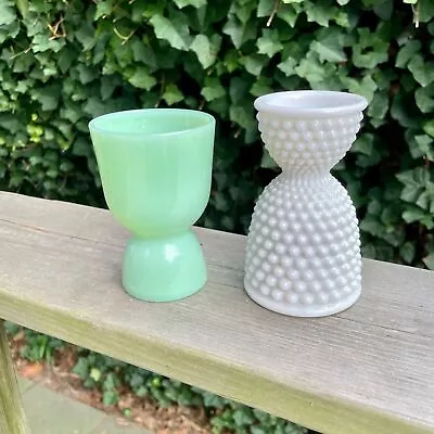 Antique Paint Of Glass Egg Cups 4  Jadeite & 4.5  Milk Glass Depression Era • $25