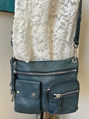 Fossil Sutter Blue Crossbody Bag Leather Moto Zipper Commute Travel Cargo • $34.99