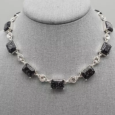 Dana Buchman Navy Blue Confetti Glitter Rectangle Beads Silver Tone Chain 15  • $10.39