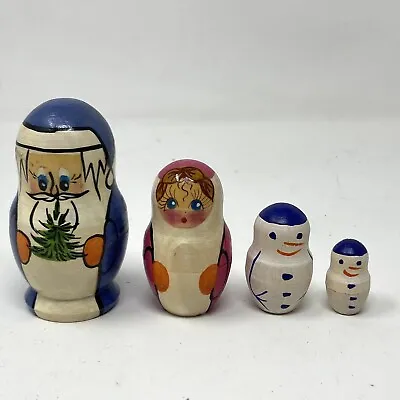 Christmas Russian Wooden Nesting Matryoshka Dolls Santa Claus Girl Snowman 4 Pc • $16