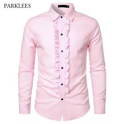 Pink Ruffle Ruche Frill Tuxedo Shirt Men Retro 70s Long Sleeve Button Down Sz S • $14.99