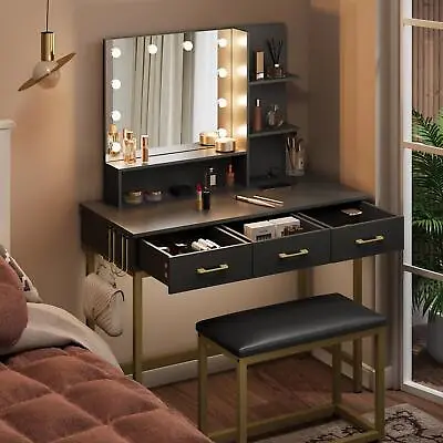 Vanity Set Lighted Mirror Charging Station Makeup Table With 3 Drawers & Stool • $283.97