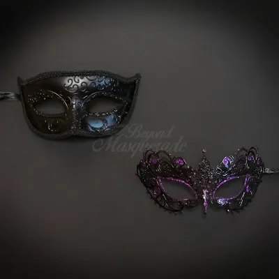 His & Her Couple Masquerade Mask Black Purple Venetian Masquerade Party Ball • $29.95