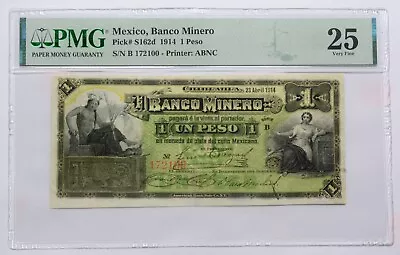 1914 Mexico 1 Peso Bank Note Currency | PS162d | PMG VF25 • $200