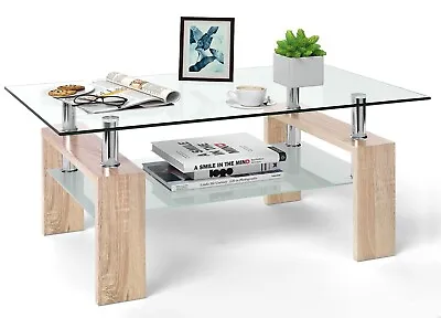 Glass Coffee Table With Storage Rectangle Modern Living Room Furniture Black • £49.99