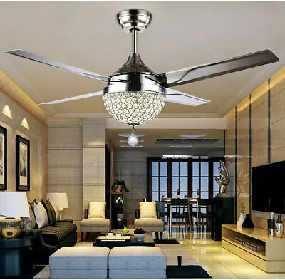 44  Crystal Ceiling Fan Lamp LED Chandelier Pendant Light Fixture Remote Control • $91.20