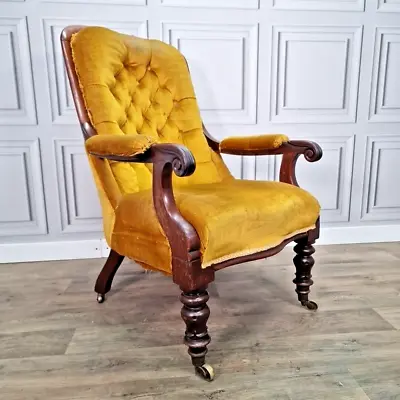 Antique William IV Button Back Chair Fireside Carved Library Armchair Victorian • £329.99