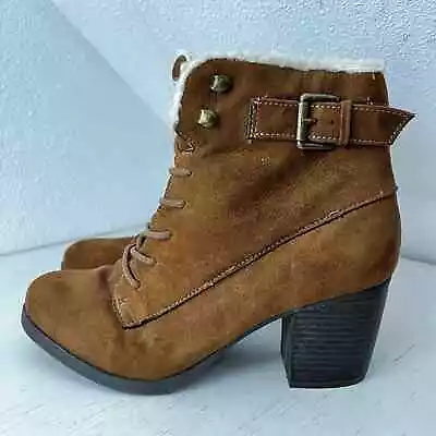 Me Too Brown Faux Suede Shearling Lace Up Heel Boot Size 10 • $22