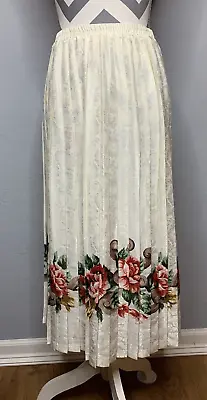 Vintage MR. MORT Russ Tags Women's Large White Satin Floral Long Pleated Skirt • $15.96