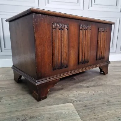 Antique Vintage Wooden Linen Fold Blanket Box Mule Chest Trunk Storage Table • £119.99