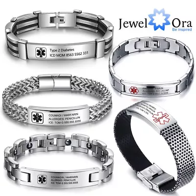 Custom Men Medical Silver Bracelet Emergency Free LaserEngraving Alert ID Bangle • £11.99