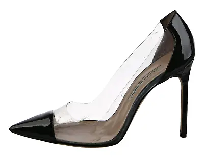 $595 MANOLO BLAHNIK Black & Clear PVC PACHA Sz 39 Cap Toe BB Pumps Shoes Heels • $149.95