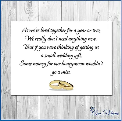 10 Personalised Money Wedding Poems / Honeymoon Wish Poem Card / Gift Poem Cards • £2.50