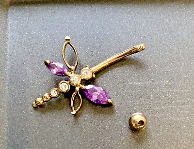 9ct Yellow Gold Stunning Dragon Fly Belly Bar - With Amethysts • £77