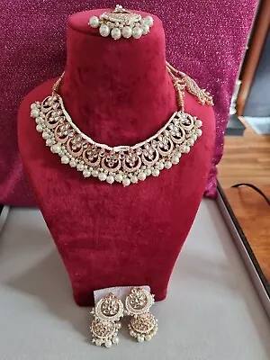 253 Indian Paki Asian Jewellery Kundan Meenakari Choker Necklace Set Cream Rose • $101.05