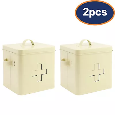 2Pcs Cream First Aid Box Storage Tin Metal Minimalist Bin Container With Lid • £23.95