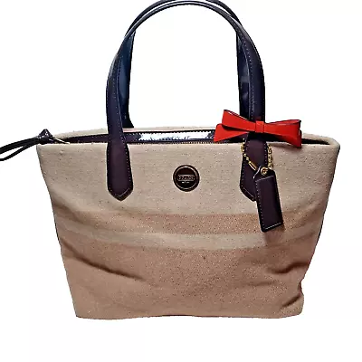 Coach F24786 Wool Blend Signature Stripe Tote Two Tone Tan W/ Brown Patent Trim • $45.97