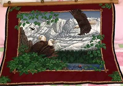 43” X 33” Quilted Eagle Mountains Scene With 48” Handmade Wooden Hanger • $150