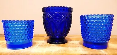 Vintage Cobalt Blue Glass Toothpick Hobnail Candle Votive Holder 1970s Lot Of 3  • $14.95