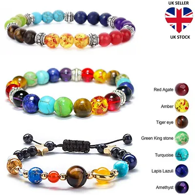 Natural Stone 7 Chakra Beaded Bracelet Healing Anxiety Reiki Men Women Jewelry • £2.99