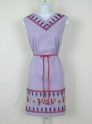 VTG 1950s 60s MEXICAN ETHNIC EMBROIDERED DRESS LAVENDER SIZE 16 COTTON  • $49.95