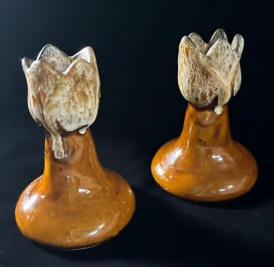 Anna Van Briggle Tulip Candle Holder Pair Brown With Lava Drip • $15.99