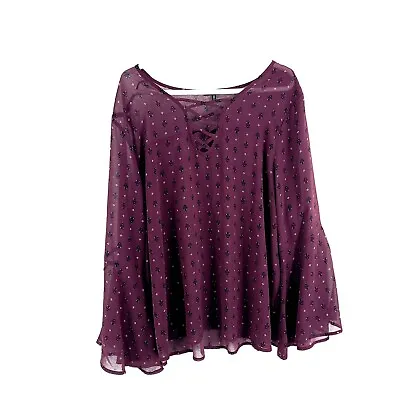 Charlotte Russe Sheer Purple Floral Blouse Flared Sleeve 3XL Scoop Neck Medieval • $24.29