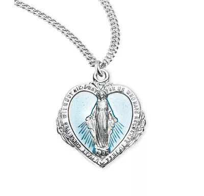 Sterlig Silver Blue Enamel Heart Miraculous Medal Pendant Necklace 1 Inch • $79.88