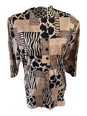 Vera Made In The Usa Blouse Size 14 Cream Brown Animal Print Sahara  3/4 Sleeve • $14.98