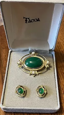 TACOA Gold Green Can Brooch  Earrings Set NIB COSTUME JEWELS Vintage • $30