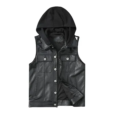 New Men's Black Hooded Biker Style Club Rider Motorcycle Real Cow Leather Vest • $179.99