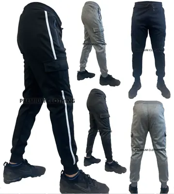 Mens Fleece Multi ZIP POCKETS CARGO Combat Joggers  Bottoms Sweat Pants Jogging • £9.99