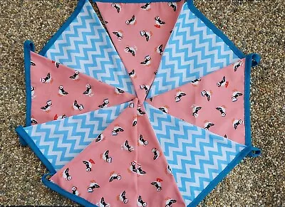 Peach Puffin And Blue Zigzag Fabric Bunting Nautical  Beach Holiday Handmade • £9.99