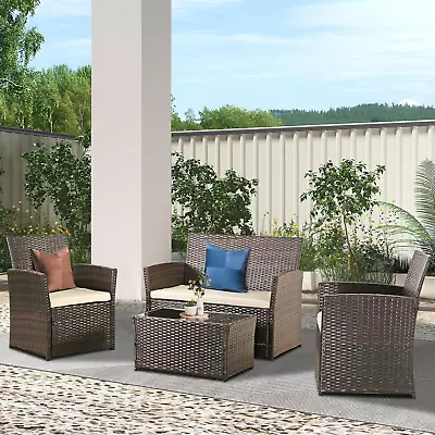 4 Piece Patio Furniture Set Outdoor Wicker Conversation Sets With Cushion Ratt • $316.77
