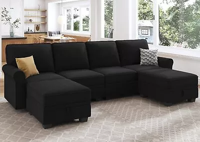 Convertible Sectional Sofa With Storage Seat Velvet U Shaped Couch Black Velvet • $948.95