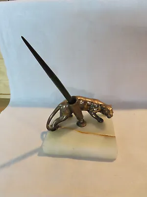 Vintage Figural Bronze Panther Pen Desk Set Marble Base & Conklin Fountain Pen • $225