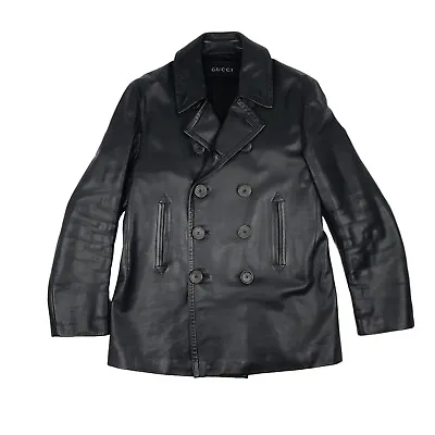 Gucci Mens Black Leather Double Breasted  Pea Coat Jacket Size 50 • $883.01