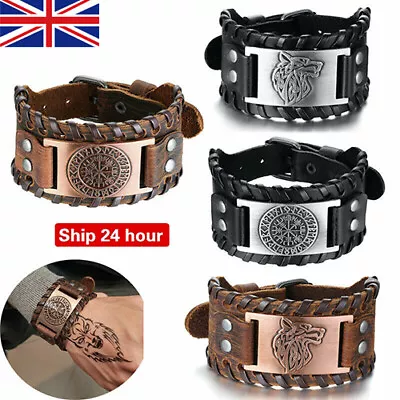 £5.99 • Buy Mens Viking Wide Genuine Leather Vegvisir/Mjolnir/Dragon/Wolf Bracelet Wristband