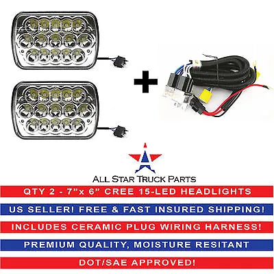 7x6  Inch 15 LED H6054 Headlights & Relay Harness High/Low Beam 6000K 45W -Pair • $49.95
