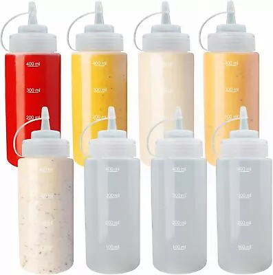 Plastic Squeeze Sauce Bottles Condiments Dispenser Attachable Cap Lid Set Of 8 • £10.99