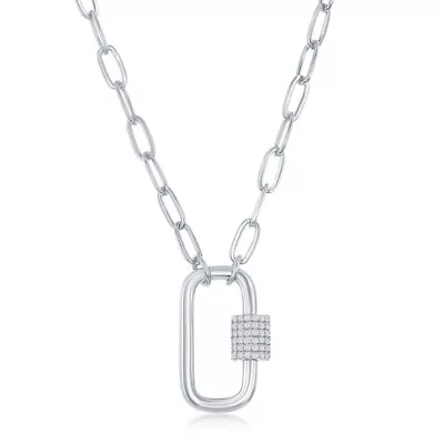 Sterling Silver Micro Pave CZ Oval Carabiner Paperclip Necklace • $109