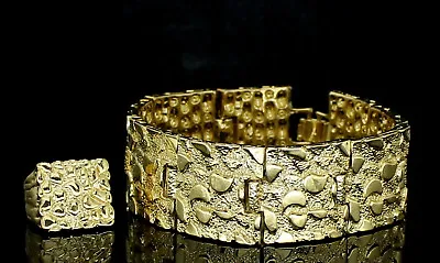 Chunky Mens 2pc Nugget Design Bracelet Ring Set 14k Gold Plated Hip Hop Jewelry • $13.99