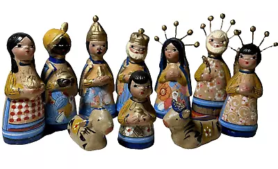 Vtg 10 Pc Nativity Set Pottery Tonala Mexican Folk Art Hand Painted Handmade • $28.97