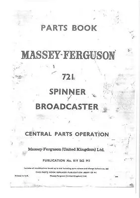 £10 • Buy Massey Ferguson 721 Spinner Broadcaster Fertilizer Spreader Parts Manual - MF721