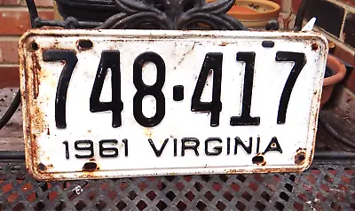 Vintage 1961 Virginia Va. License Plate Tag White / Black 748-417 ** Patina ** • $11