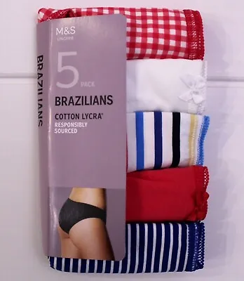 M & S Ladies 5 Pack Cotton Lycra Brazilians Briefs Knickers Underwear Sz 8 12 20 • £7.95
