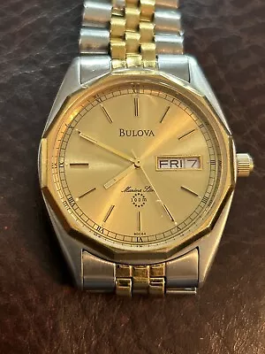 Clean Used 2 Tone Men's Bulova Marine Star 100M Day Date Gold Dial Swiss Watch • $49.99